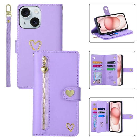 For iPhone 15 POLA Love Multi-Card Slots Zipper Wallet Leather Phone Case(Purple)