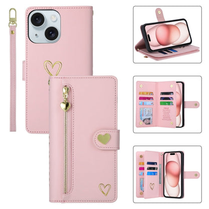For iPhone 15 Plus POLA Love Multi-Card Slots Zipper Wallet Leather Phone Case(Pink)