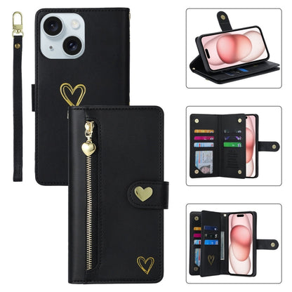 For iPhone 15 Plus POLA Love Multi-Card Slots Zipper Wallet Leather Phone Case(Black)