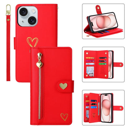 For iPhone 15 Plus POLA Love Multi-Card Slots Zipper Wallet Leather Phone Case(Red)