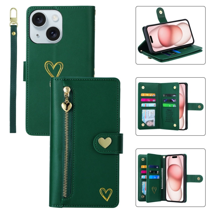 For iPhone 15 Plus POLA Love Multi-Card Slots Zipper Wallet Leather Phone Case(Dark Green)