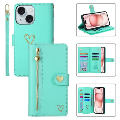 For iPhone 15 Plus POLA Love Multi-Card Slots Zipper Wallet Leather Phone Case(Light Green)