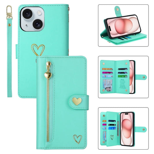 For iPhone 15 Plus POLA Love Multi-Card Slots Zipper Wallet Leather Phone Case(Light Green)