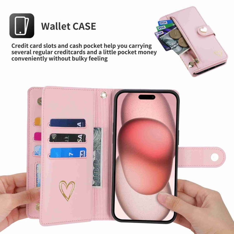 For iPhone 15 Pro POLA Love Multi-Card Slots Zipper Wallet Leather Phone Case(Pink)
