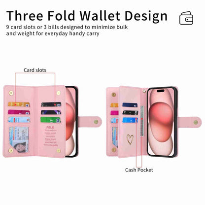 For iPhone 15 Pro POLA Love Multi-Card Slots Zipper Wallet Leather Phone Case(Pink)