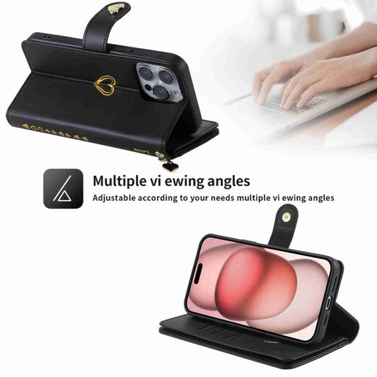 For iPhone 15 Pro POLA Love Multi-Card Slots Zipper Wallet Leather Phone Case(Black)