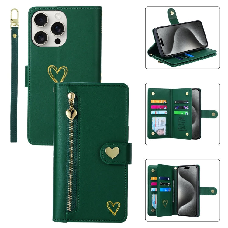 For iPhone 15 Pro POLA Love Multi-Card Slots Zipper Wallet Leather Phone Case(Dark Green)