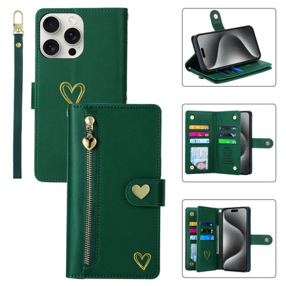 For iPhone 15 Pro POLA Love Multi-Card Slots Zipper Wallet Leather Phone Case(Dark Green)