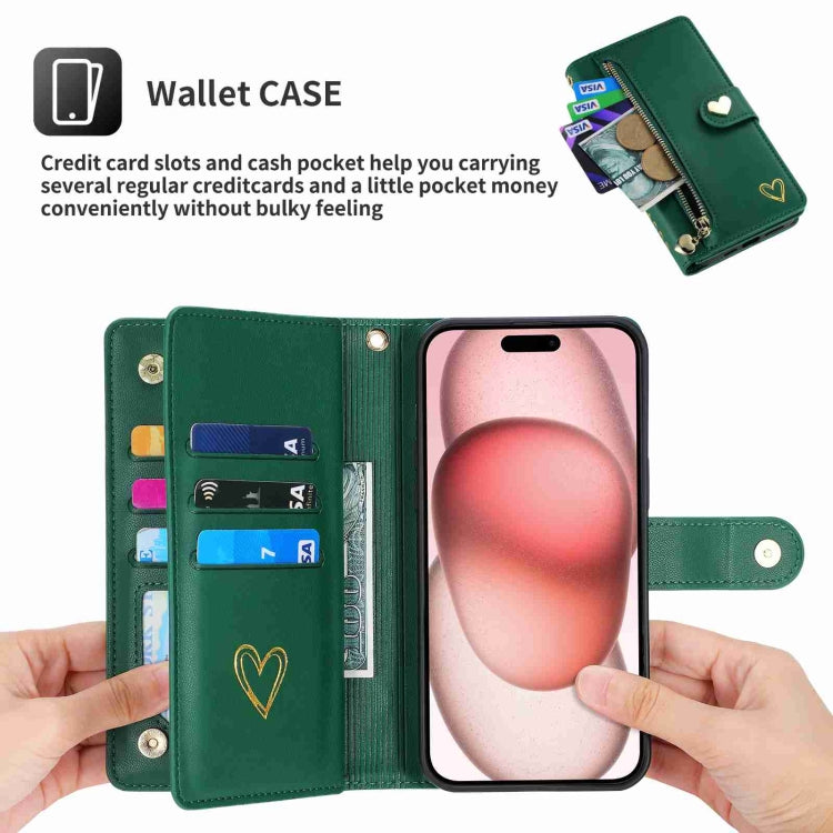 For iPhone 15 Pro POLA Love Multi-Card Slots Zipper Wallet Leather Phone Case(Dark Green)