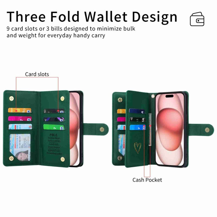 For iPhone 15 Pro POLA Love Multi-Card Slots Zipper Wallet Leather Phone Case(Dark Green)
