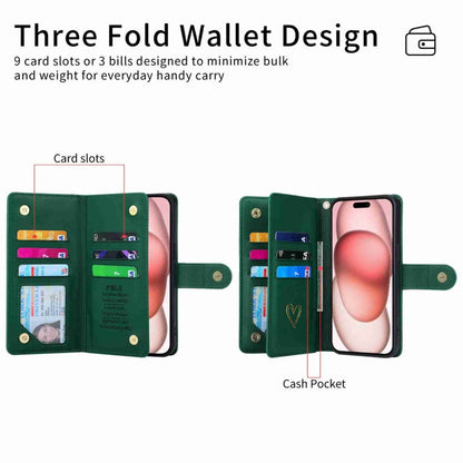 For iPhone 15 Pro POLA Love Multi-Card Slots Zipper Wallet Leather Phone Case(Dark Green)