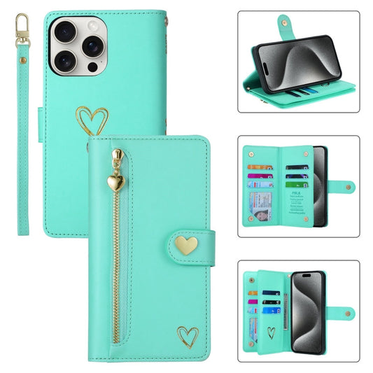 For iPhone 15 Pro POLA Love Multi-Card Slots Zipper Wallet Leather Phone Case(Light Green)