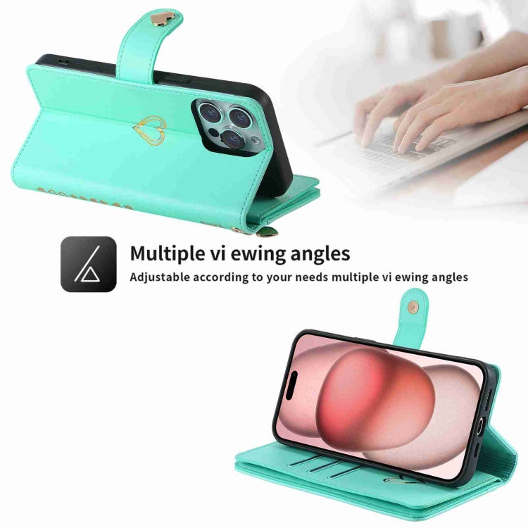 For iPhone 15 Pro POLA Love Multi-Card Slots Zipper Wallet Leather Phone Case(Light Green)