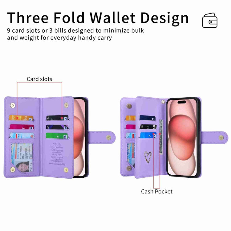 For iPhone 15 Pro POLA Love Multi-Card Slots Zipper Wallet Leather Phone Case(Purple)