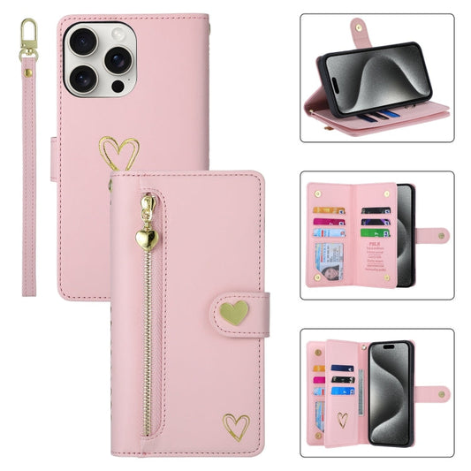 For iPhone 15 Pro Max POLA Love Multi-Card Slots Zipper Wallet Leather Phone Case(Pink)