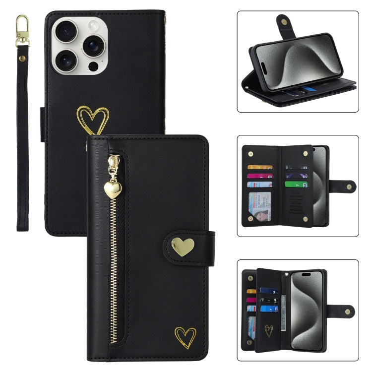 For iPhone 15 Pro Max POLA Love Multi-Card Slots Zipper Wallet Leather Phone Case(Black)
