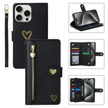 For iPhone 15 Pro Max POLA Love Multi-Card Slots Zipper Wallet Leather Phone Case(Black)