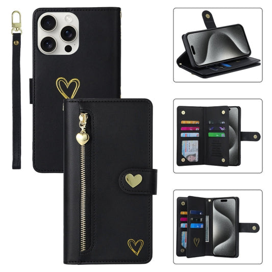 For iPhone 15 Pro Max POLA Love Multi-Card Slots Zipper Wallet Leather Phone Case(Black)