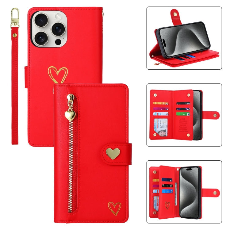 For iPhone 15 Pro Max POLA Love Multi-Card Slots Zipper Wallet Leather Phone Case(Red)