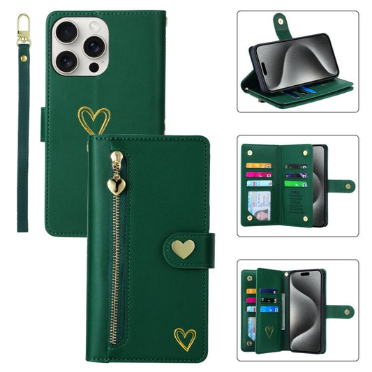 For iPhone 15 Pro Max POLA Love Multi-Card Slots Zipper Wallet Leather Phone Case(Dark Green)
