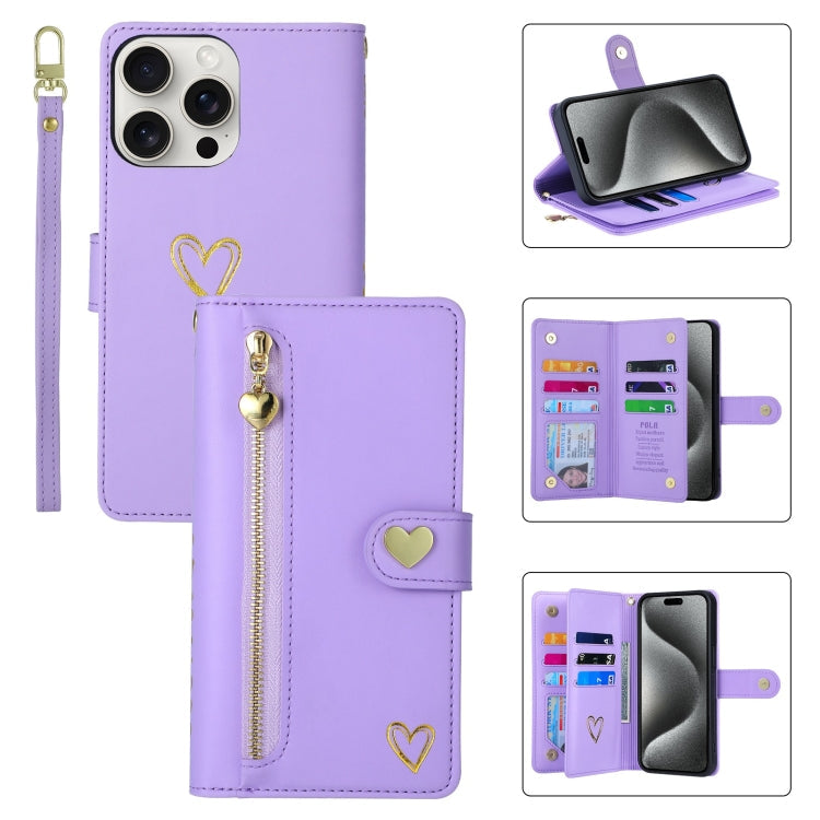 Pour iPhone 15 Pro Max Étui portefeuille en cuir POLA Love Multi-Cartes avec fermeture éclair (Violet)
