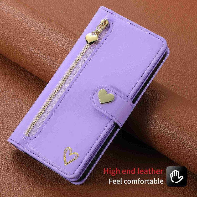 Pour iPhone 15 Pro Max Étui portefeuille en cuir POLA Love Multi-Cartes avec fermeture éclair (Violet)