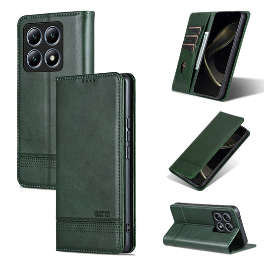 For Xiaomi 14T Pro AZNS Magnetic Calf Texture Flip Leather Phone Case(Dark Green)