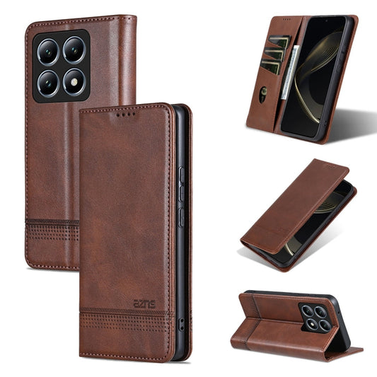 For Xiaomi 14T Pro AZNS Magnetic Calf Texture Flip Leather Phone Case(Dark Brown)