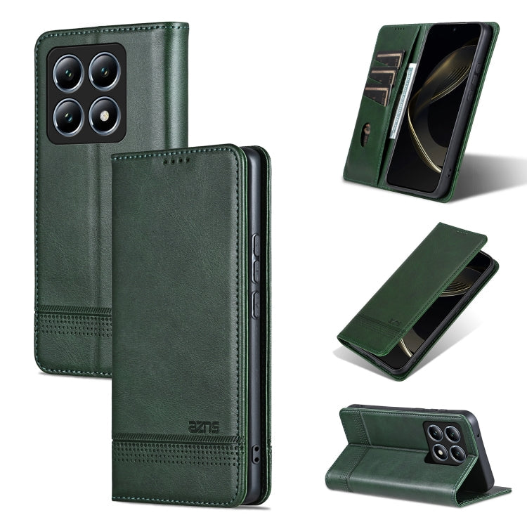 For Xiaomi 14T AZNS Magnetic Calf Texture Flip Leather Phone Case(Dark Green)