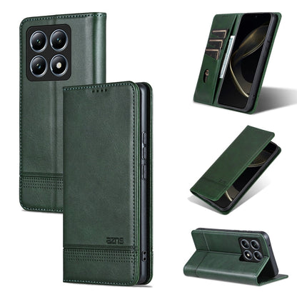 For Xiaomi 14T AZNS Magnetic Calf Texture Flip Leather Phone Case(Dark Green)