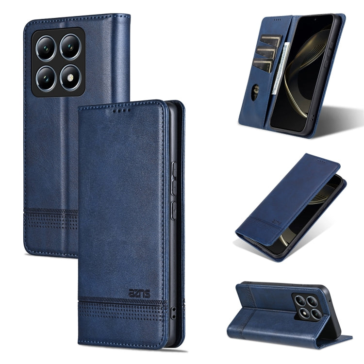 Pour Xiaomi 14T AZNS Étui de protection magnétique en cuir avec texture de veau (Bleu foncé)