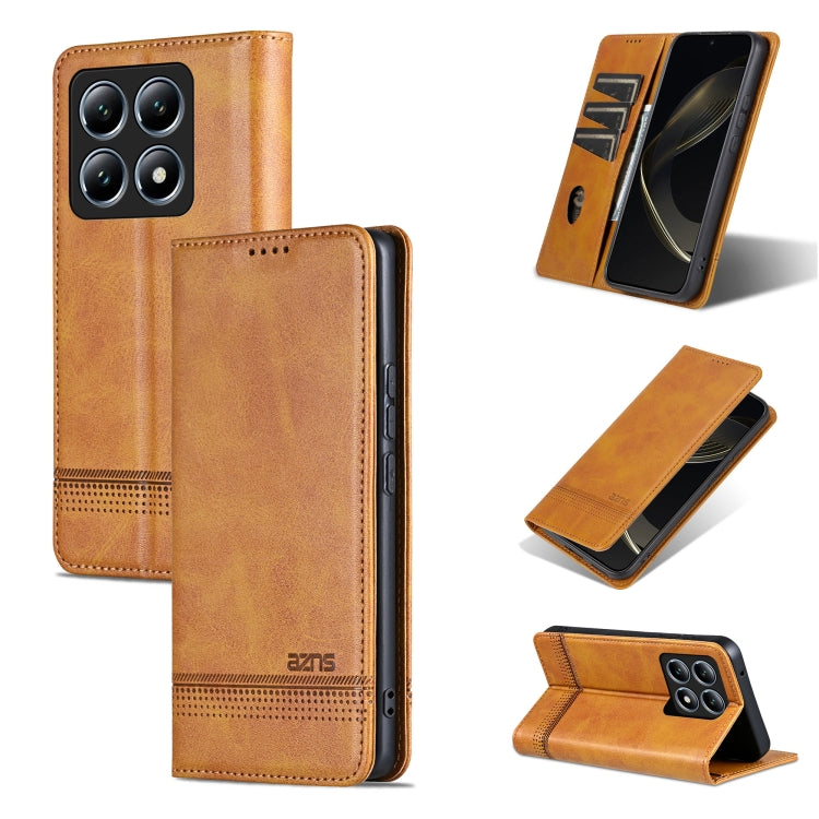 For Xiaomi 14T AZNS Magnetic Calf Texture Flip Leather Phone Case(Light Brown)