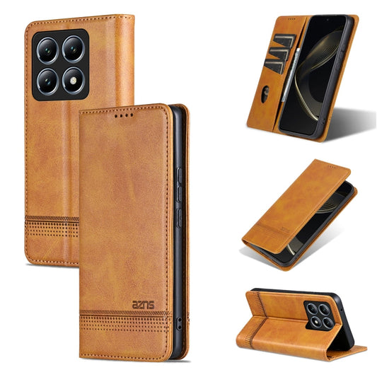 For Xiaomi 14T AZNS Magnetic Calf Texture Flip Leather Phone Case(Light Brown)
