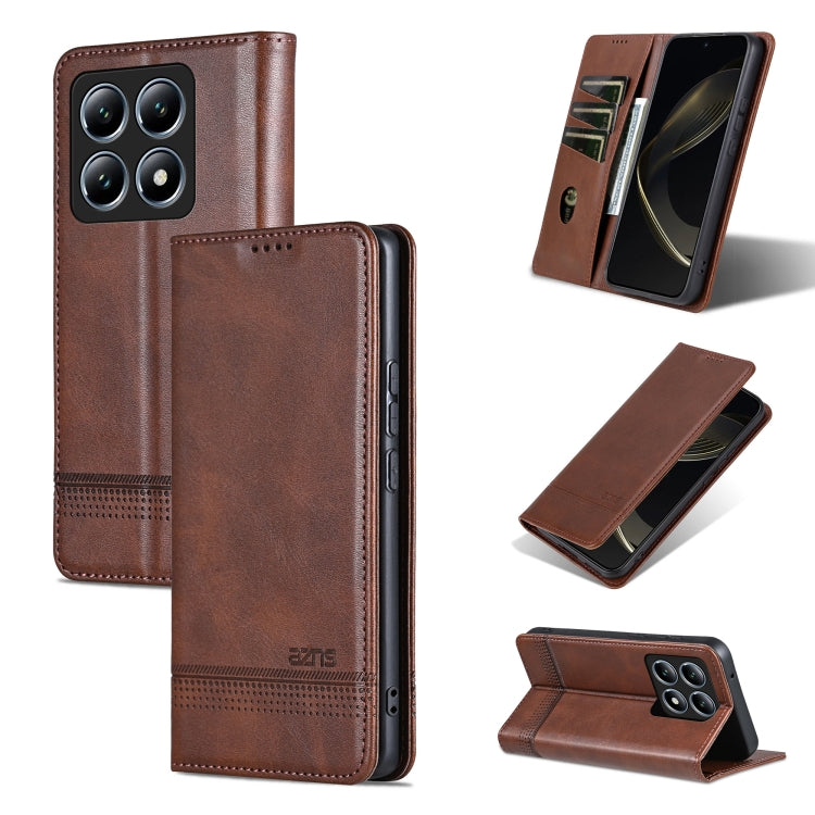 For Xiaomi 14T AZNS Magnetic Calf Texture Flip Leather Phone Case(Dark Brown)