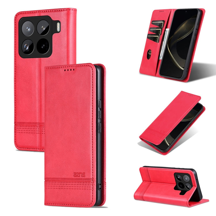 Pour Xiaomi 15 Pro Étui de téléphone en cuir à rabat texturé veau magnétique AZNS (rouge)