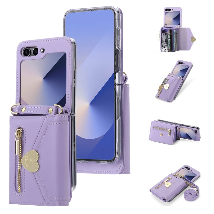Pour Samsung Galaxy Z Flip6 POLA Étui portefeuille zippé avec boucle Love et plusieurs emplacements pour cartes (violet)