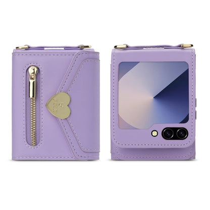 Pour Samsung Galaxy Z Flip6 POLA Étui portefeuille zippé avec boucle Love et plusieurs emplacements pour cartes (violet)