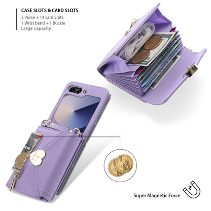 Pour Samsung Galaxy Z Flip6 POLA Étui portefeuille zippé avec boucle Love et plusieurs emplacements pour cartes (violet)