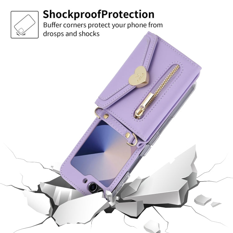 Pour Samsung Galaxy Z Flip6 POLA Étui portefeuille zippé avec boucle Love et plusieurs emplacements pour cartes (violet)