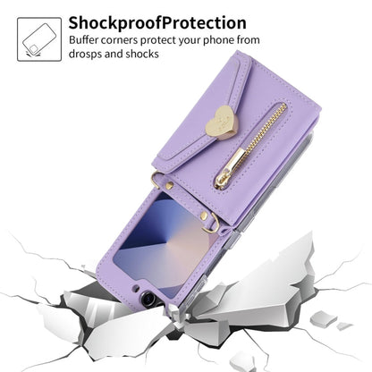 Pour Samsung Galaxy Z Flip6 POLA Étui portefeuille zippé avec boucle Love et plusieurs emplacements pour cartes (violet)