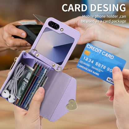 Pour Samsung Galaxy Z Flip6 POLA Étui portefeuille zippé avec boucle Love et plusieurs emplacements pour cartes (violet)