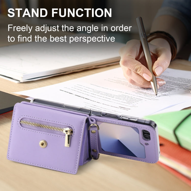 Pour Samsung Galaxy Z Flip6 POLA Étui portefeuille zippé avec boucle Love et plusieurs emplacements pour cartes (violet)