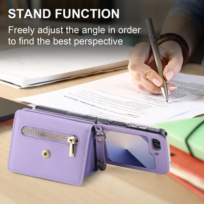 Pour Samsung Galaxy Z Flip6 POLA Étui portefeuille zippé avec boucle Love et plusieurs emplacements pour cartes (violet)