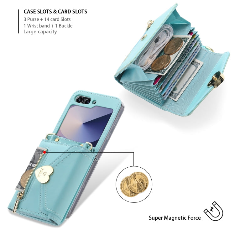 Pour Samsung Galaxy Z Flip6 POLA Amour Boucle Multi-fentes pour cartes Étui de téléphone portefeuille à fermeture éclair (bleu)
