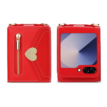 Pour Samsung Galaxy Z Flip6 POLA Love Buckle Étui Portefeuille Zippé Multi-Cartes (Rouge)