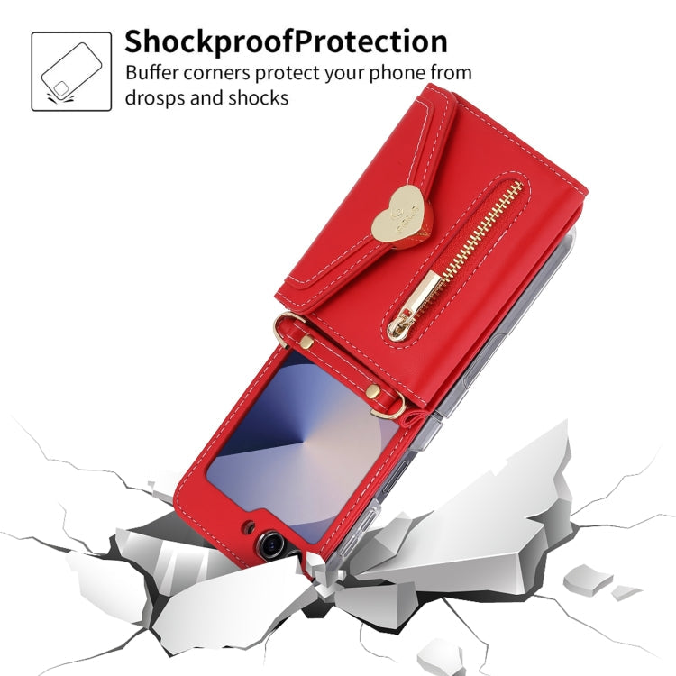 Pour Samsung Galaxy Z Flip6 POLA Love Buckle Étui Portefeuille Zippé Multi-Cartes (Rouge)