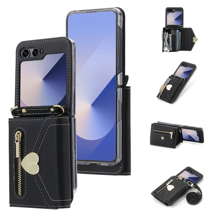 Pour l'étui de téléphone portefeuille à glissière avec boucle d'amour POLA à plusieurs fentes pour cartes Samsung Galaxy Z Flip6 (noir)
