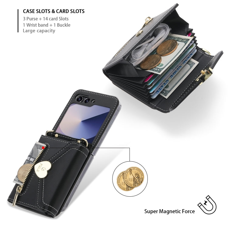 Pour l'étui de téléphone portefeuille à glissière avec boucle d'amour POLA à plusieurs fentes pour cartes Samsung Galaxy Z Flip6 (noir)