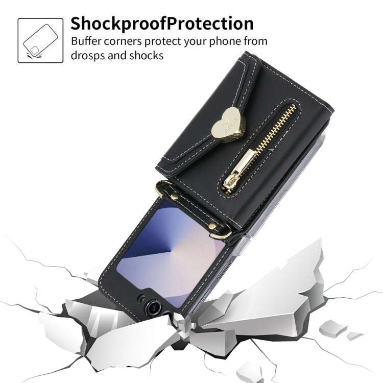 Pour l'étui de téléphone portefeuille à glissière avec boucle d'amour POLA à plusieurs fentes pour cartes Samsung Galaxy Z Flip6 (noir)