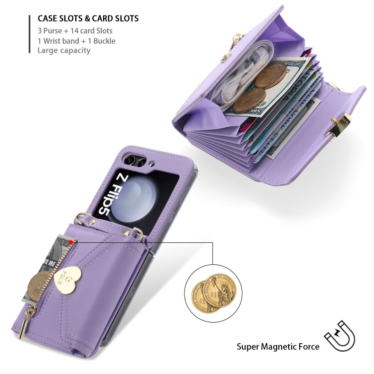 For Samsung Galaxy Z Flip5 POLA Love Buckle Multi-Card Slots Zipper Wallet Phone Case(Purple)